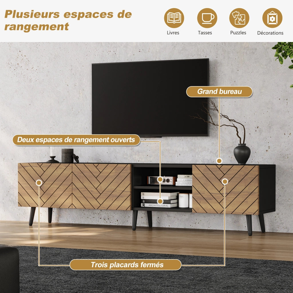 Mobile TV 180x33,5x45 cm con Ante e Passacavi ¨C MINIMAL ¨C Bianco/Nero/Legno