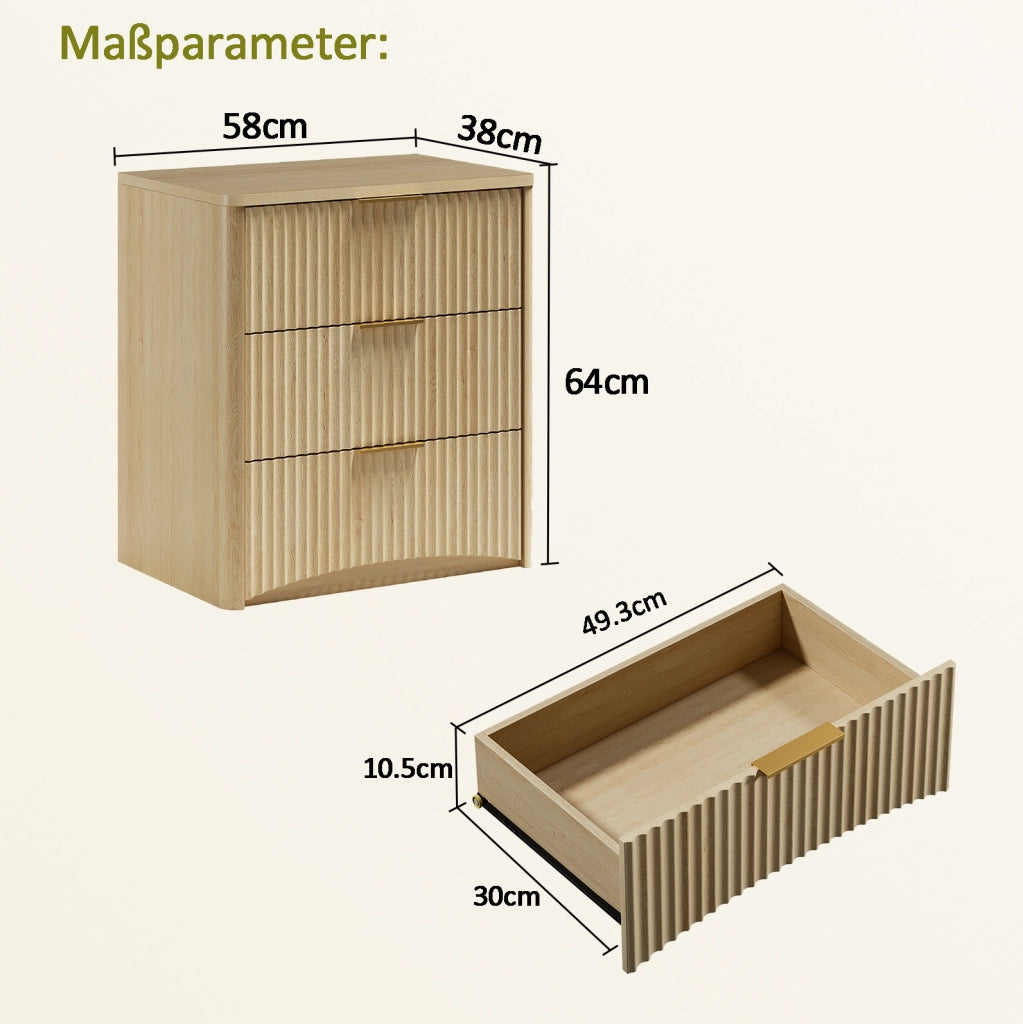 Comodino 58x38x64 cm con 3 cassetti; guide silenziose in MDF; rovere