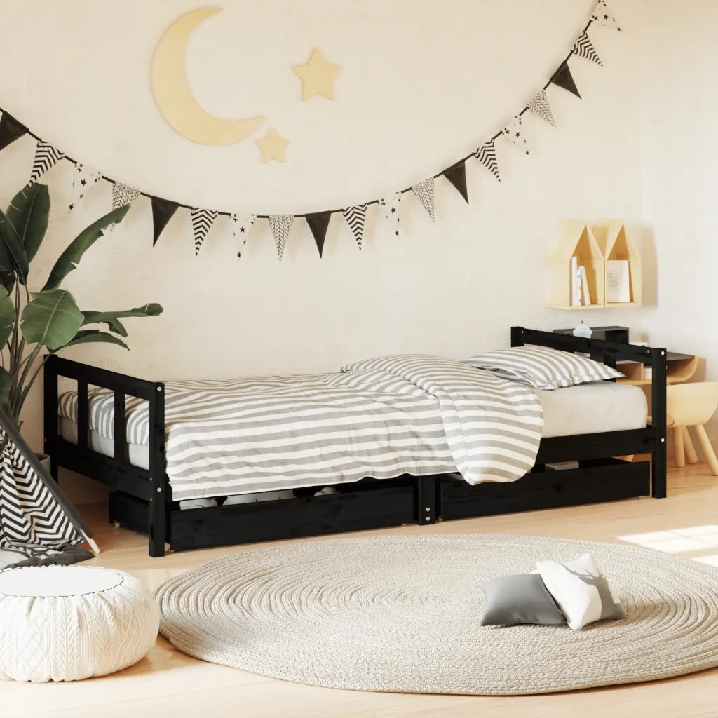 Giroletto Bambini | Letto Infantile | Lettino con Cassetti Nero 90x200cm Massello di Pino