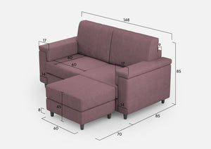 Divano 2 Posti con Pouf 148x155x85 cm Marrak in Tessuto Prugna