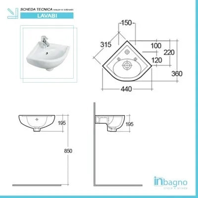 Lavabo angolare sospeso 44x36 cm salvaspazio in ceramica bianca lucida