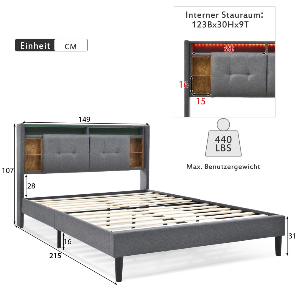 Letto imbottito con testiera contenitore, USB, prese e LED, 140x200 cm, grigio