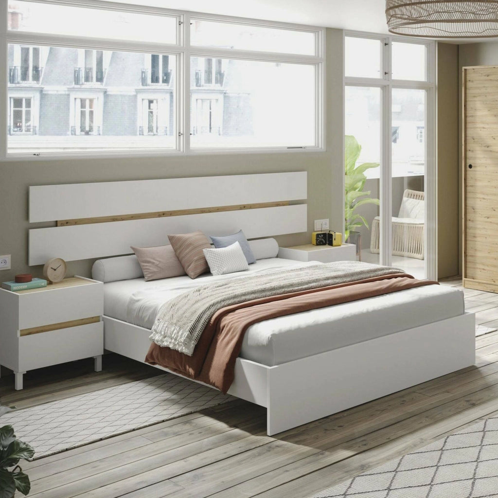 Testiera letto Dado, Spalliera, Testata per camera da letto, Poggiatesta, 216x3 h47 cm, Bianco e Rovere Nodi
