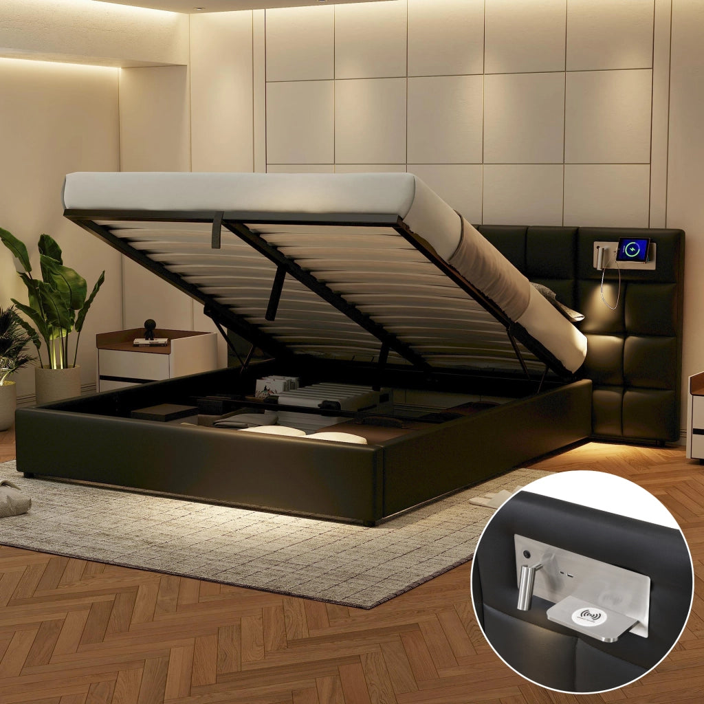 Letto Contenitore 180 x 200 cm; USB; ricarica wireless e luce - in PU - Nero