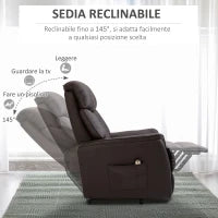 Poltrona Elettrica Alzapersone Reclinabile 145°, Poltrona Relax Elettrica in Pelle PU con Telecomando, Tasche Laterali e Poggiapiedi Integrato, Marrone