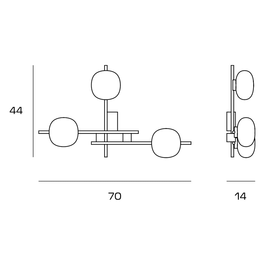 LINGOTTO APPLIQUE A PARETE 3 LUCI ARROTONDATA OPALINO STRUTTURA NERO PARTICOLARI ORO ATTACCO G9