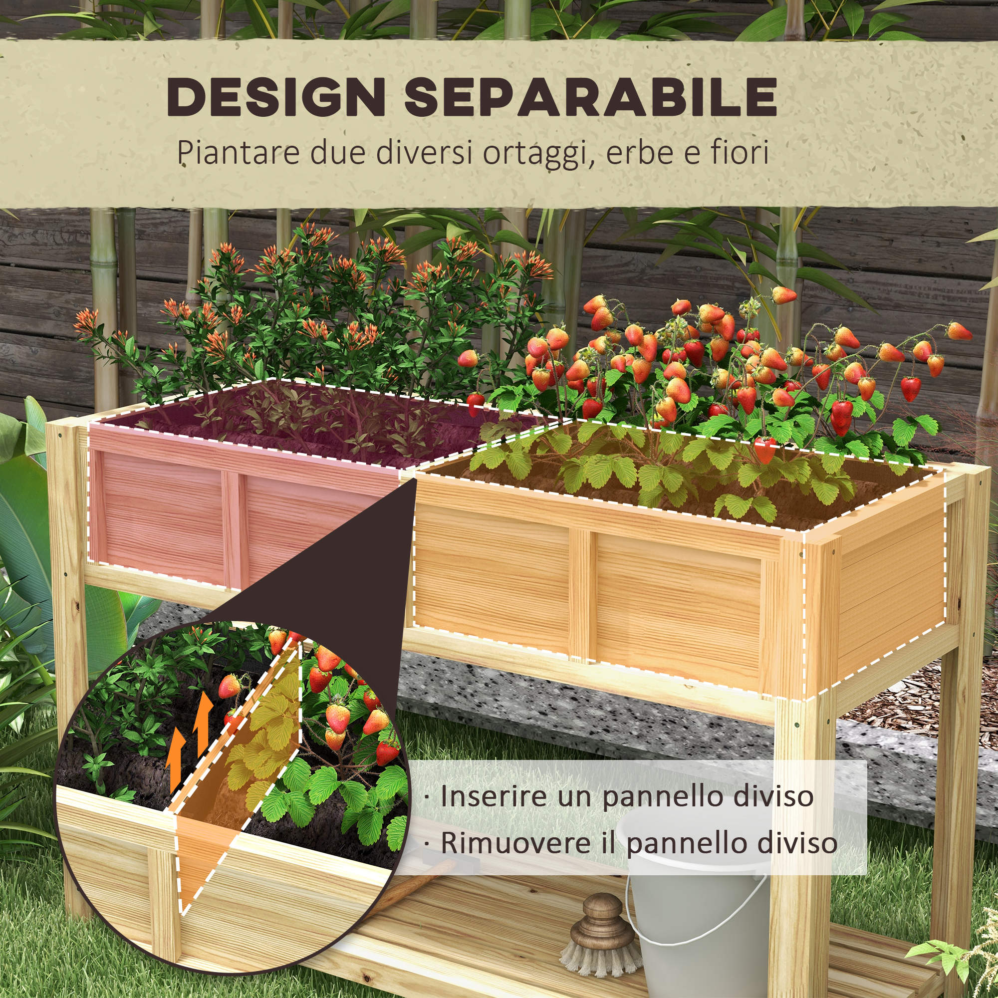 Fioriera Rialzata 115x46x75 cm con Ripiano Inferiore Divisorio Fori di Drenaggio in Legno