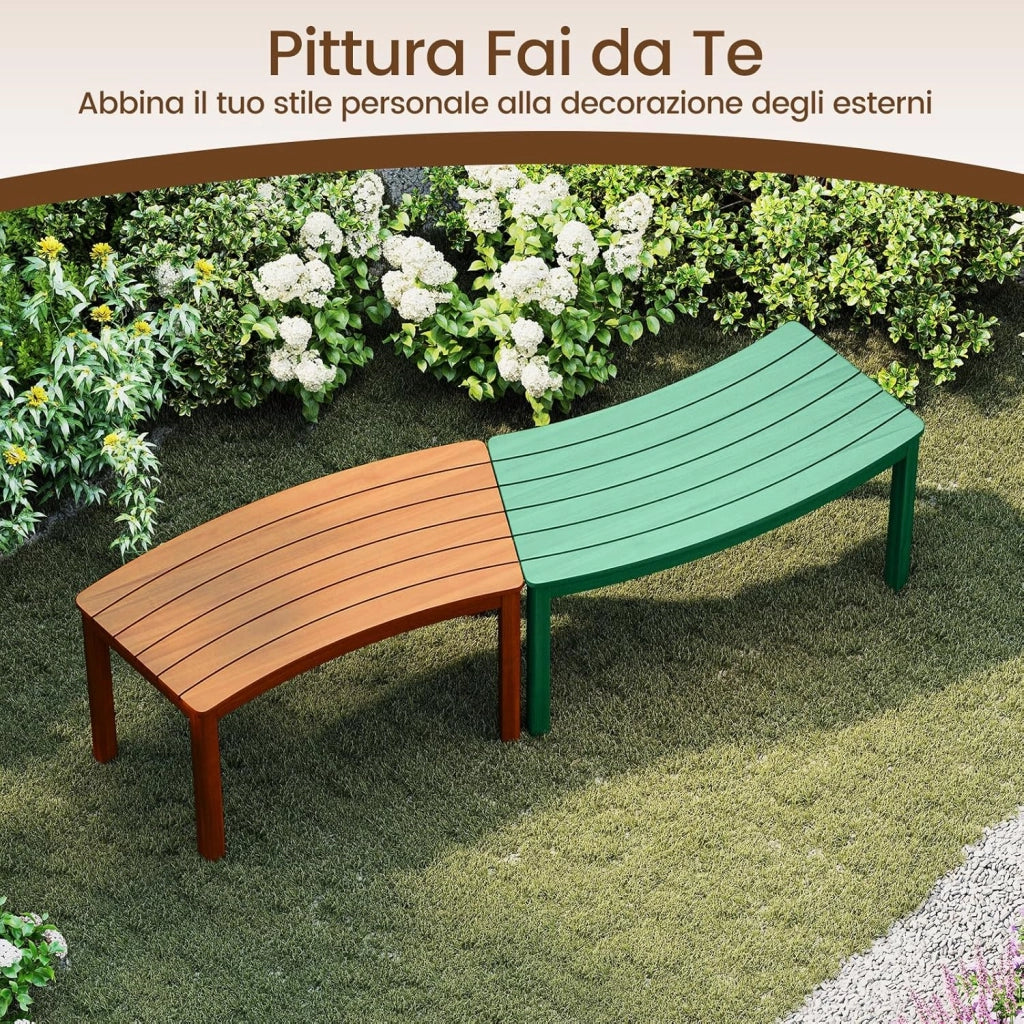 Set da 2 Panchine Curve in Legno di Acacia, Panchina Senza Schienale con Portata 360, Panca da Esterno per Veranda, Terrazza, Giardino e Fuoco da Campo (4)