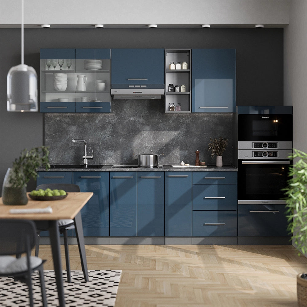Cucina componibile Fame-Line Blu scuro lucido/Antracite 280 cm, PL Marmo Vicco