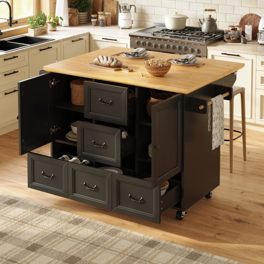 Isola da cucina - Zephmum- 120x73x93 cm - Bianco/Nero - Carrello estraibile, ripiani regolabili