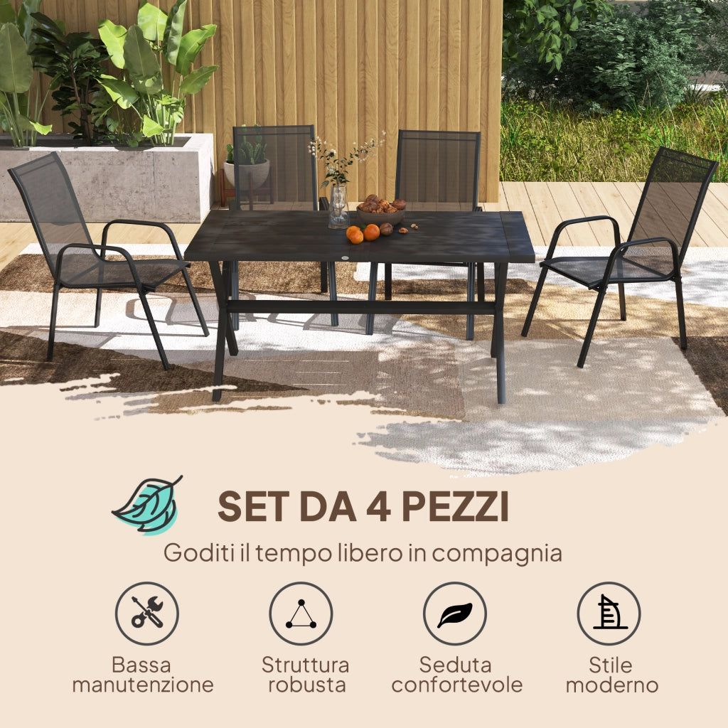 Set 4 Sedie da Giardino Impilabili e Salvaspazio con Braccioli in Metallo e Tessuto a Rete, Nero