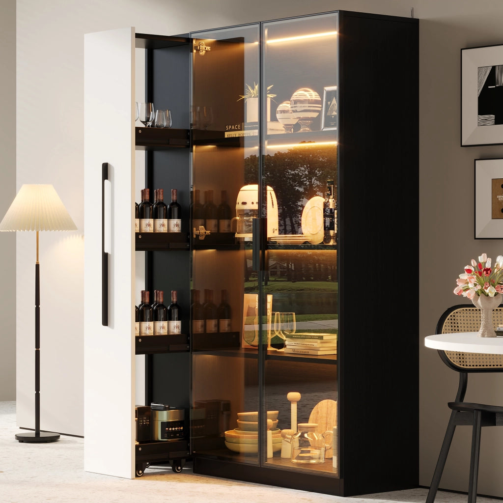 Vetrina con Porta in Vetro e LED; con Ripiano Laterale Estraibile; Stile Moderno; in MDF e Vetro; Nero; 110;5??35??160 cm