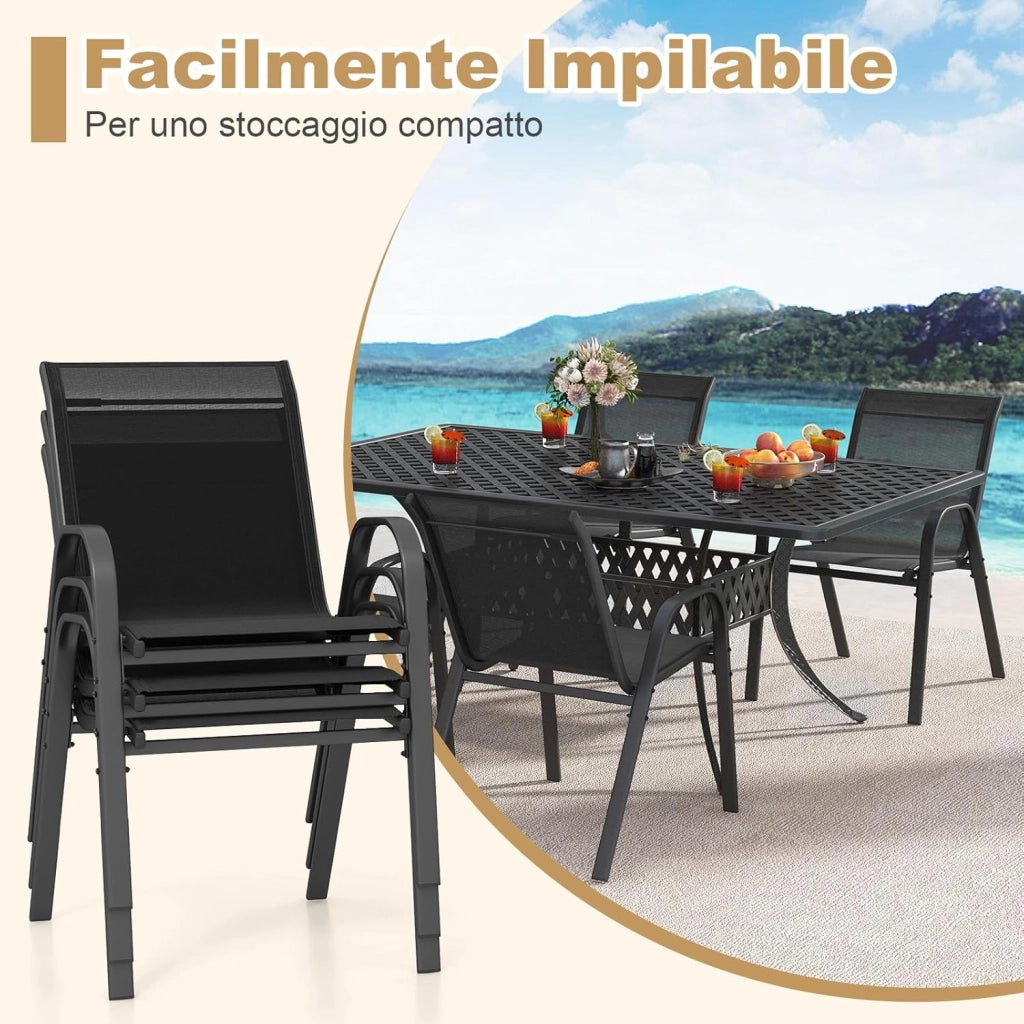 Set di 2/4 Sedie da Giardino, Poltrone in Tessuto Textilene per Esterno, Sedie Impilabili con Gambe in Metallo, Portata 150 kg, 56 x 70 x 84 cm (Nero,2)