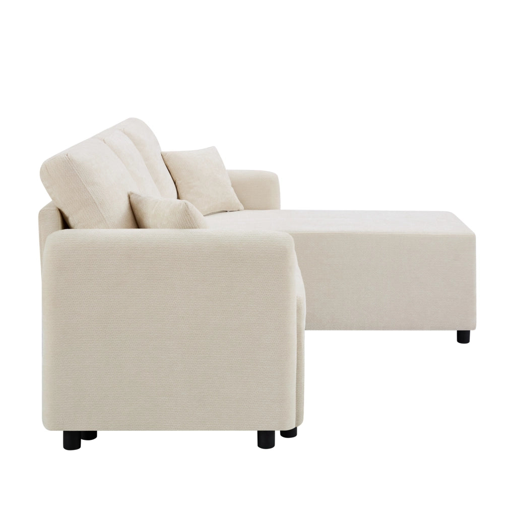 Divano angolare a tre posti con penisola in ciniglia beige e due cuscini per il massimo relax