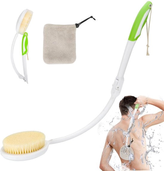 Scopa per doccia a setole morbide, aiutante per crema per il corpo scrubber, spazzola per il corpo con lunga asta flessibile e pieghevole per la cura della schiena per uomini e donne anziani