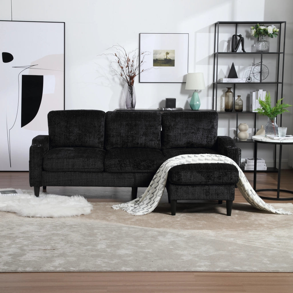 Divano Dritto 4 Posti con Pouf Contenitore; Portabicchieri e Tasche Laterali; Struttura Metallo Legno in Chenille Nera