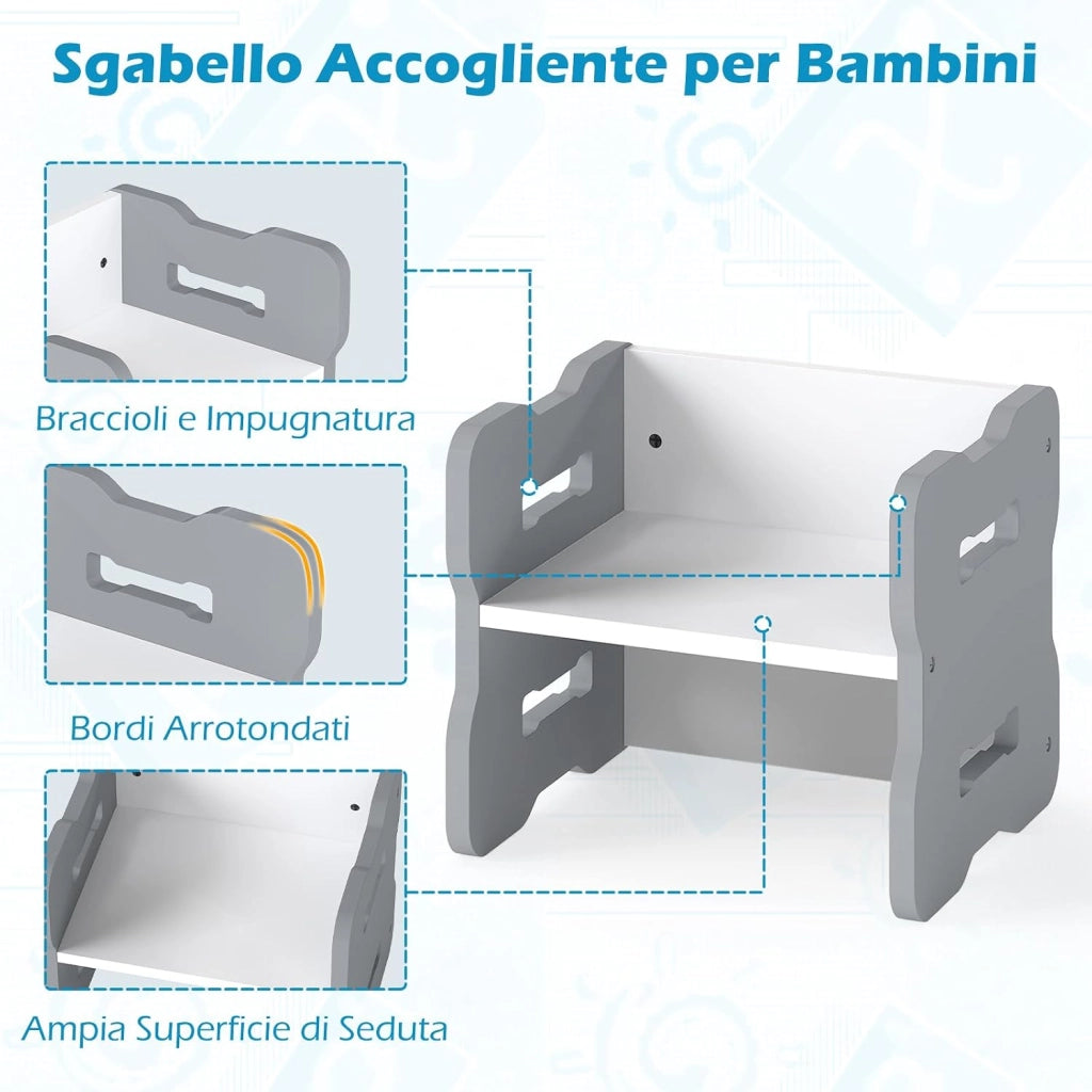Set Tavolo e Sedia per Bambini, Set 3 Pezzi per Bambini con 2 Sgabelli e Tavolo Attività, Angoli Arrotondati e Maniglia, Mobili Multifunzionali per Casa, Scuola e Asilo (Grigio)