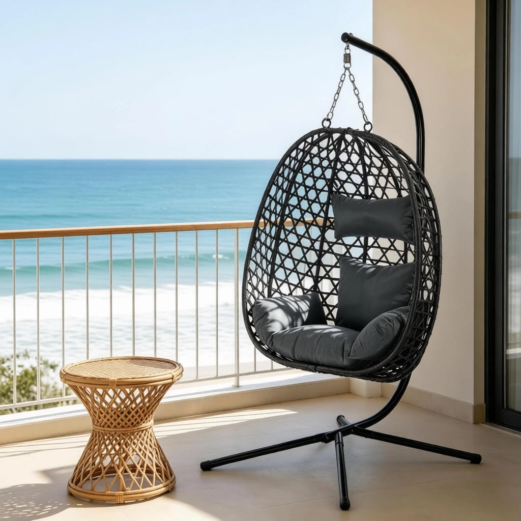 SEDIA SOSPESA 105x105x195 cm Metallo e Rattan Grigio Scuro