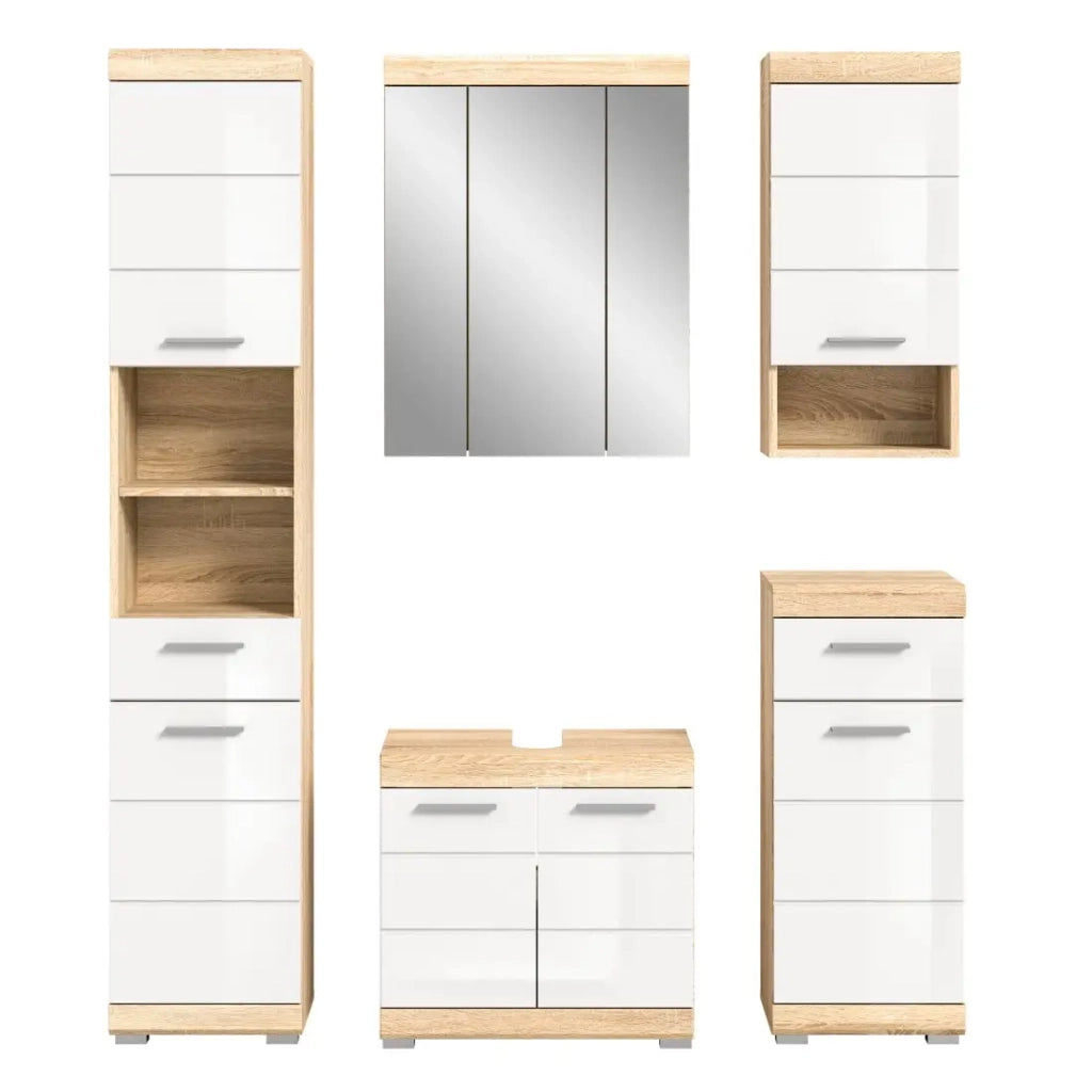 Set di mobili da bagno RIDLEY – Mobili sotto lavabo, mobile con specchio, colonna e mezze colonne – Bianco e quercia
