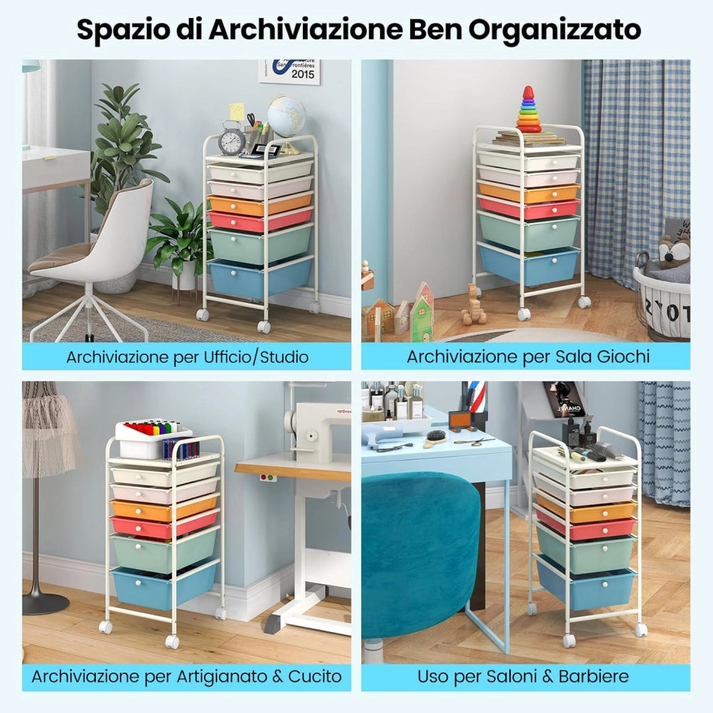 Carrello con 6 Cassetti e Ruote, Cassettiera in Plastica, con Due Dimensioni di Cassetti, Contenitore Multiuso per Casa Bagno e Ufficio, 37 x 74 x 32cm (Morandi)