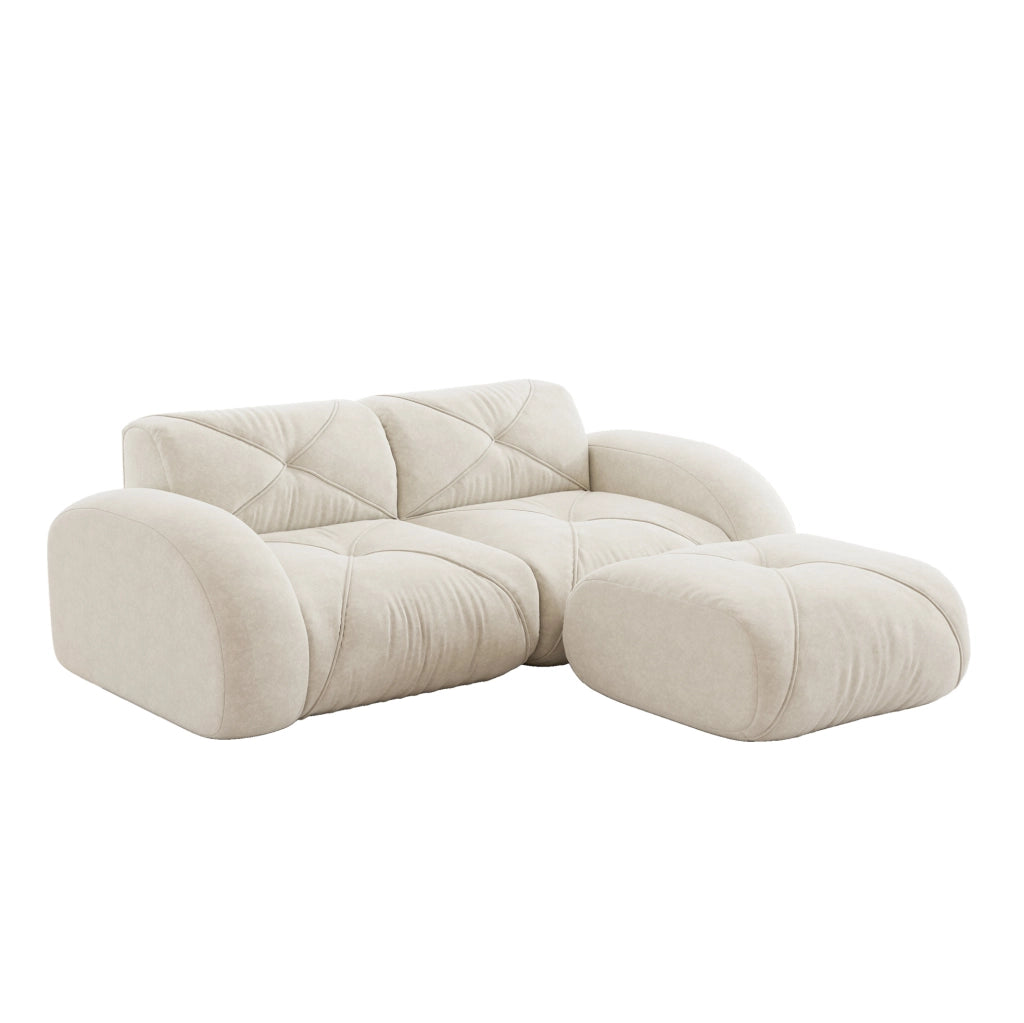 Divano modulare 204x171x76 cm in chenille beige chiaro; design basso e imbottitura in schiuma 32D