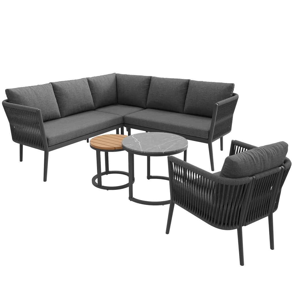 Set lounge da giardino modulare 6 pezzi con 2 tavolini in metallo e olefin grigio
