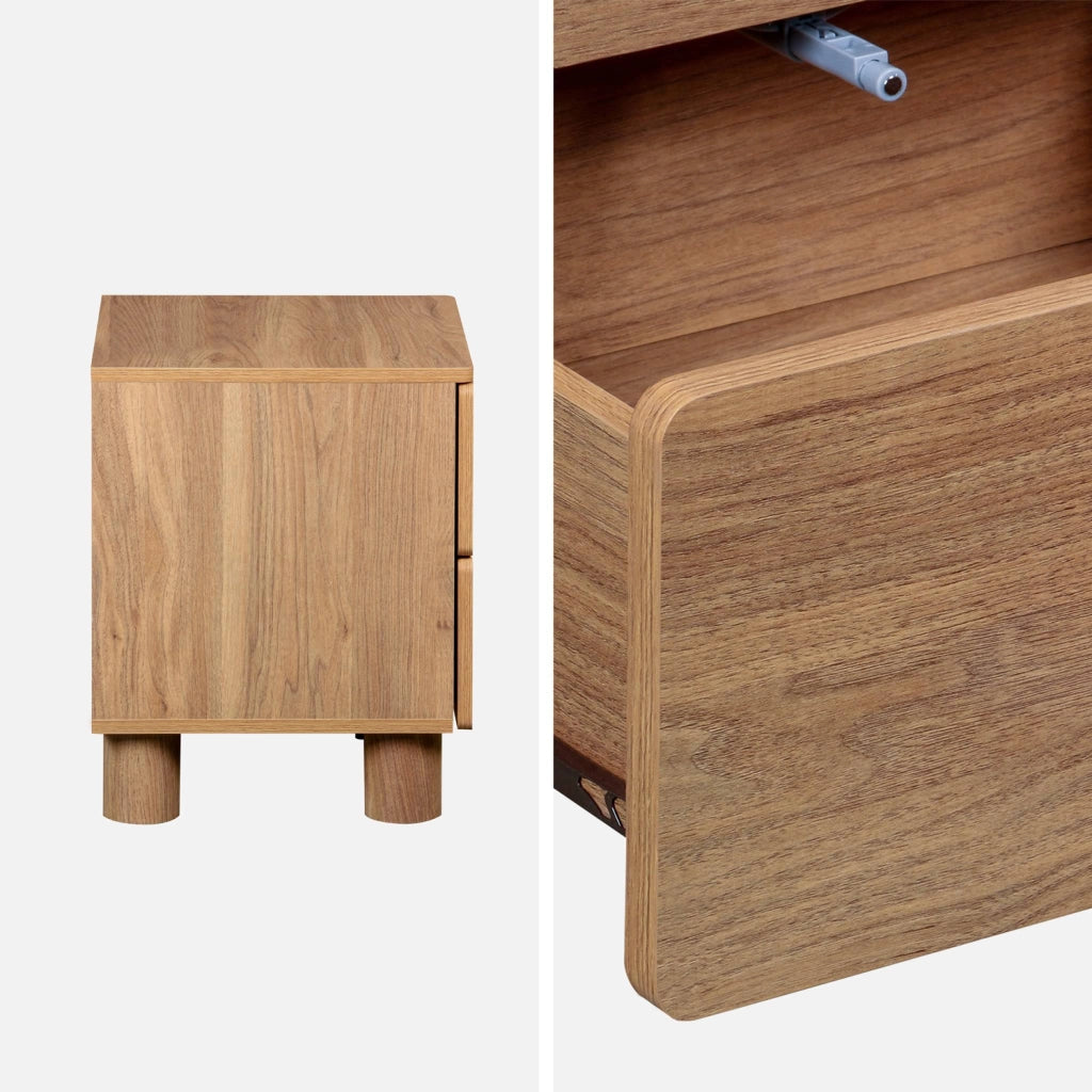 Set di 2 comodini effetto legno, 2 cassetti, legno di nocciolo