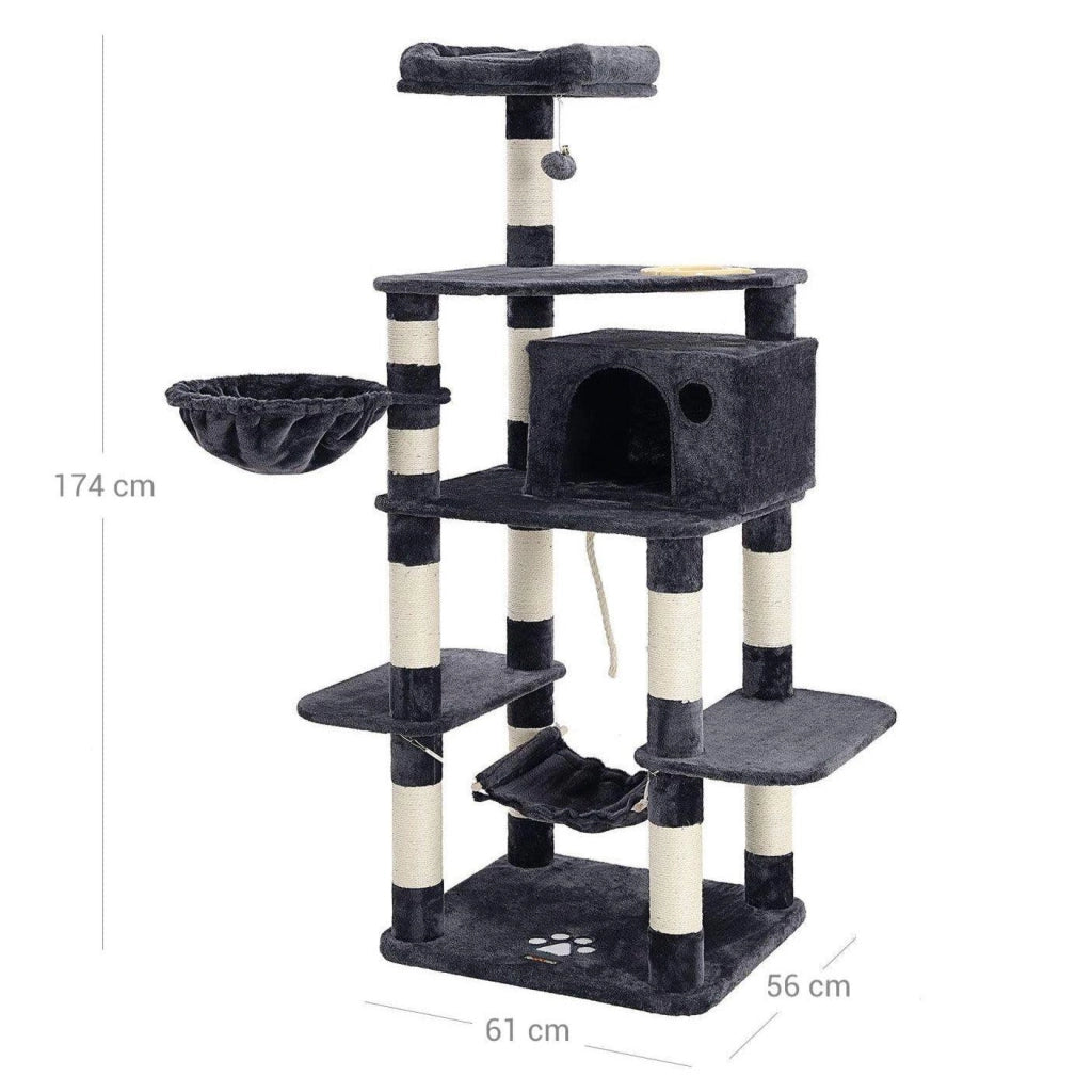 Tiragraffi altezza 174 cm multilivello con ciotola cestino nicchia arredo casa gioco per gattini gatti e felini colore grigio cenere 12_0001180