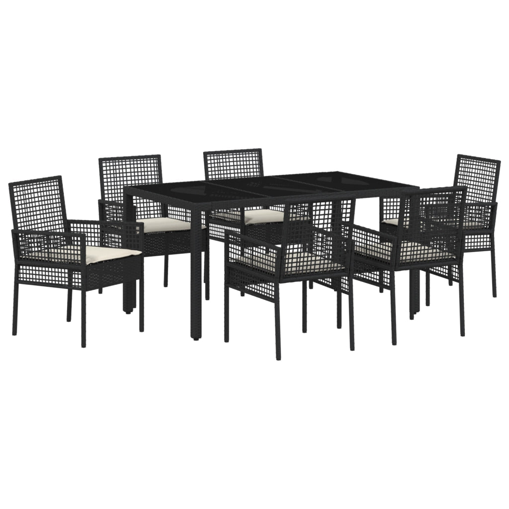 Set da Pranzo da Giardino 7 Pezzi con Cuscini Nero Poly Rattan