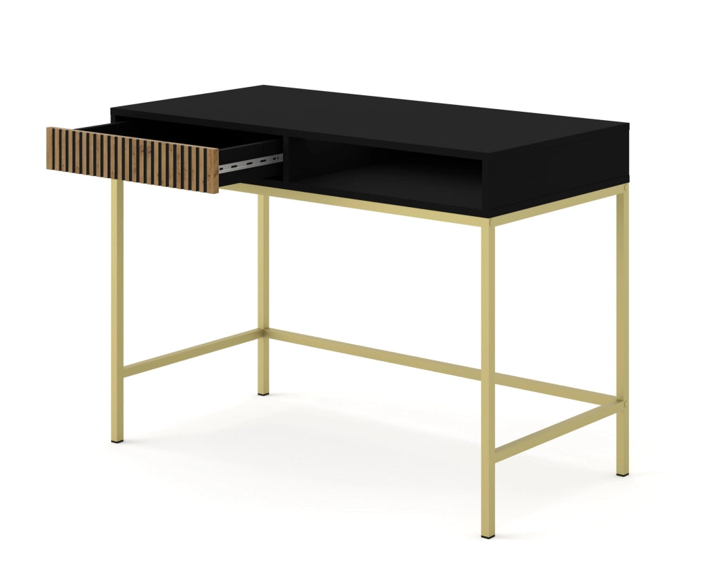 SCRIVANIA DA TOELETTATURA IN MDF VERNICIATO RAVENNA F 1P NERO OPACO ROVERE ARTIGIANALE STRUTTURA ORO