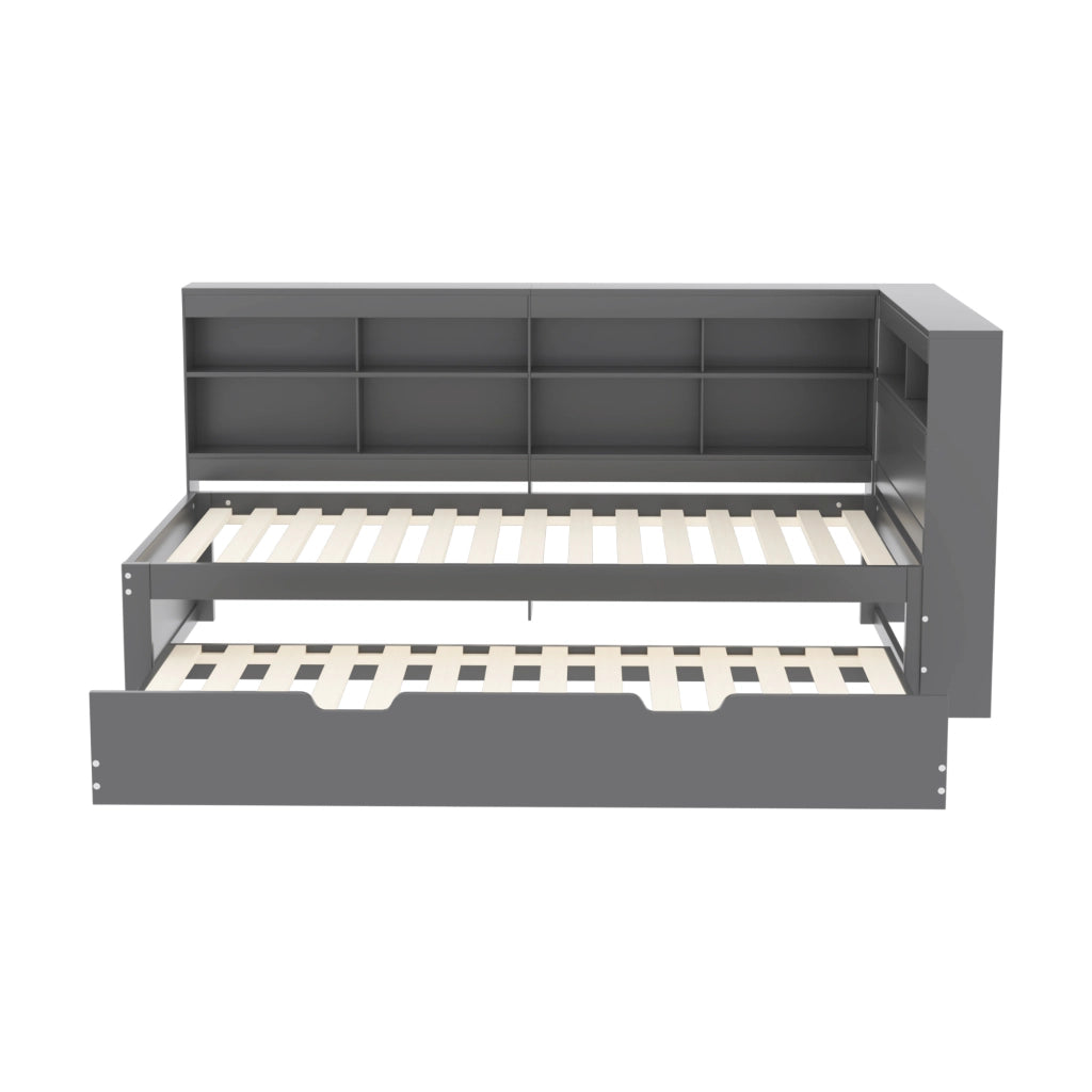 OKWISH Letto a Divanetto 90×200 cm, Letto Singolo con Letto Estraibile 90×190 cm, USB, Vani Contenitore e Mensole, senza Materasso, Grigio