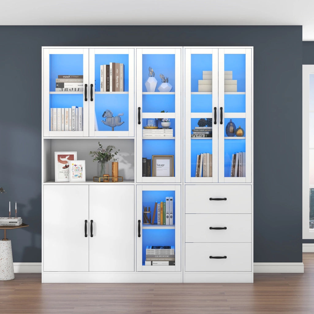 Vetrina con LED, 8 ante e 3 cassetti per soggiorno e sala da pranzo, in truciolare, bianco, 180 × 40 × 200 cm
