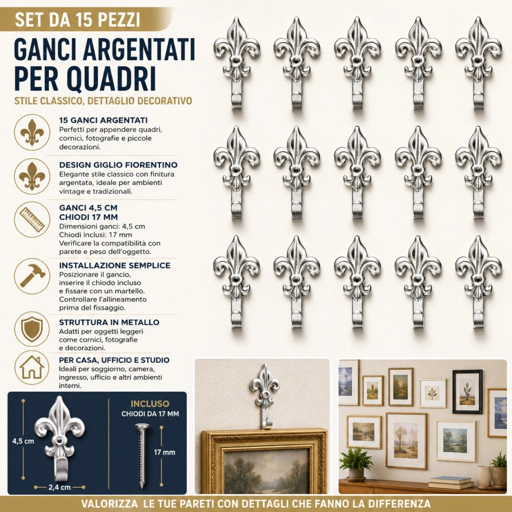 15 Ganci Argentati per Quadri 4,5 cm con Chiodi 17 mm Giglio 66883