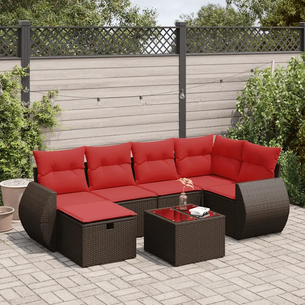 Set Divani da Giardino 7 pz con Cuscini Marrone in Polyrattan