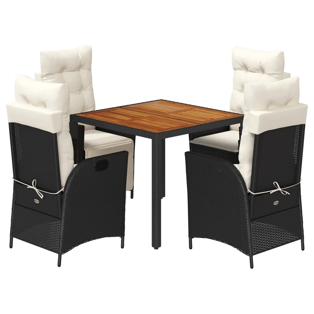 Set da Pranzo da Giardino 5 pz Nero con Cuscini in Polyrattan