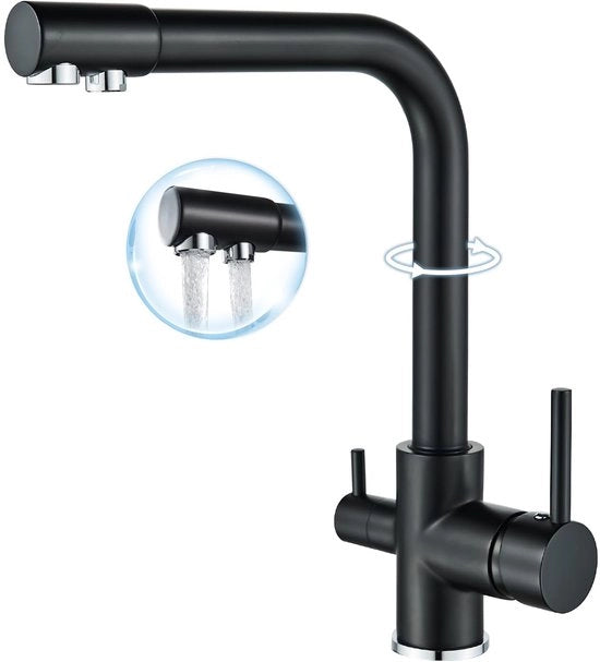 Kraan da Cucina 3 Vie Nero con Valvola a Filtraggio 

Specifica tecnica: 3 vie, 360° rotazione gothsteena, RVS, doppio manubrio