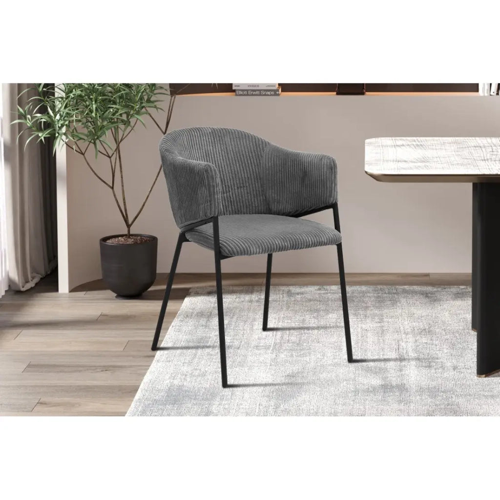Sedia da pranzo IMANY – Velluto a coste grigio scuro – Braccioli – Piedi in metallo nero – Stile design / industriale