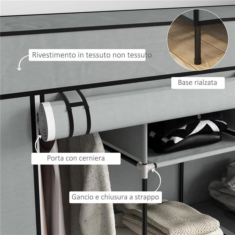 ARMADIO IN TESSUTO E ACCIAIO CON 10 RIPIANI 4 CASSETTI E ANTE A CERNIERA GRIGIO