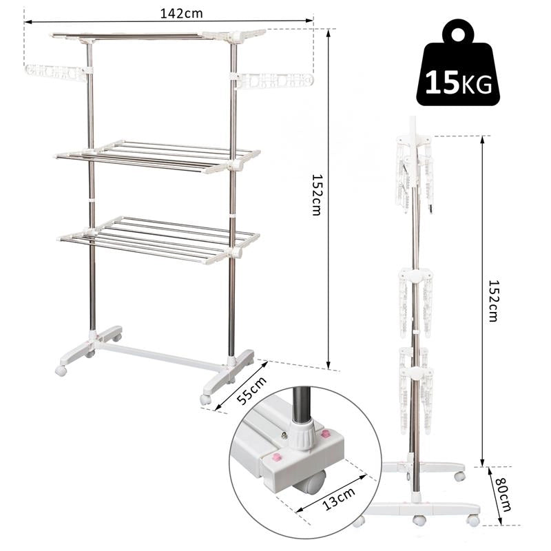 STENDINO PREMIUM A 3 PIANI REGOLABILE CON 6 RUOTE 80-142 X 55 X H152 CM