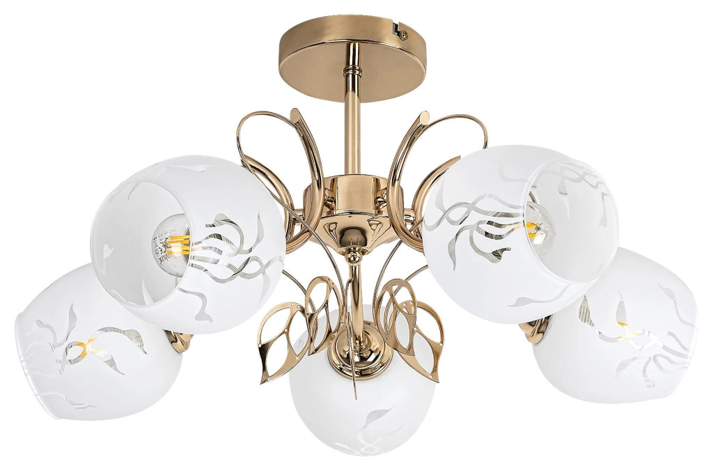 Lampadario Fauna 5 luci E27 ottone vetro Rabalux