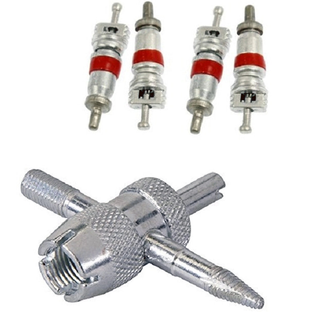 Trade Shop - Strumento Riparazioni Valvola + 4 Steli Per Pneumatico Acciaio Auto Moto Aghi Nucleo -