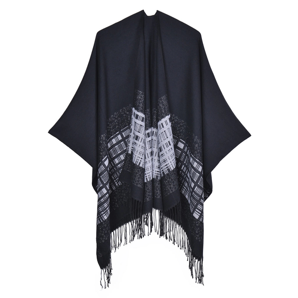 Sciarpa/mantella reversibile in cashmere a tinta unita per autunno/inverno, semplice e spessa con nappe.