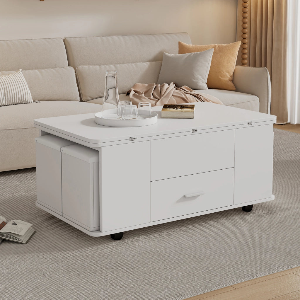Tavolino multifunzione 100x50x45 cm; piano sollevabile con 4 sgabelli; truciolato; bianco