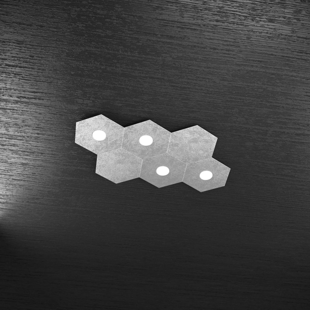 HEXAGON APPLIQUE-PLAFONIERA 4 LUCI + 2 DECORATIVO FOGLIA ARGENTO 1142-4L2D-FA