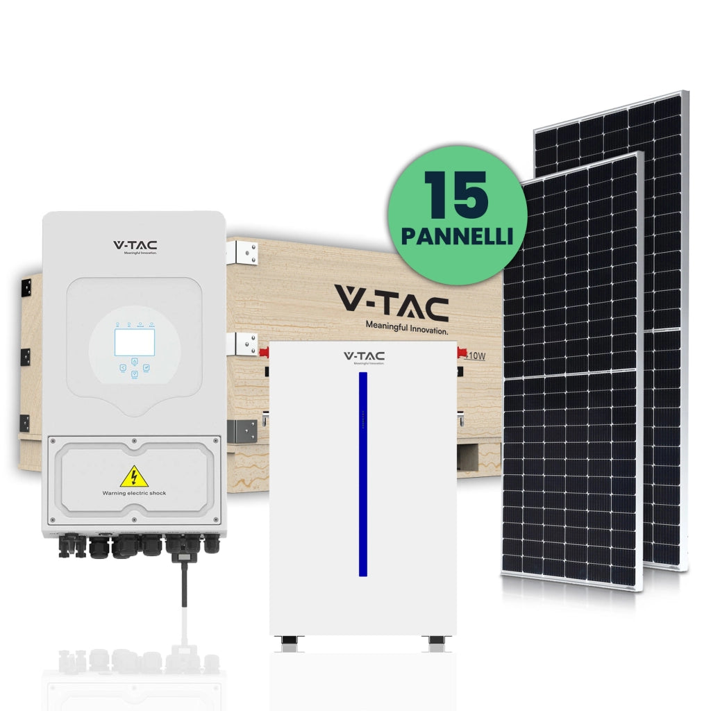 Kit fotovoltaico 6kw con batteria di accumulo 6.14 kwh e inverter monofase ibrido e 15 pannelli solari fotovoltaici 410w