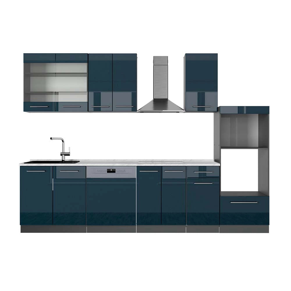 Cucina componibile Fame-Line Blu scuro lucido/Antracite 300 cm con armadio alto, PL Marmo Vicco