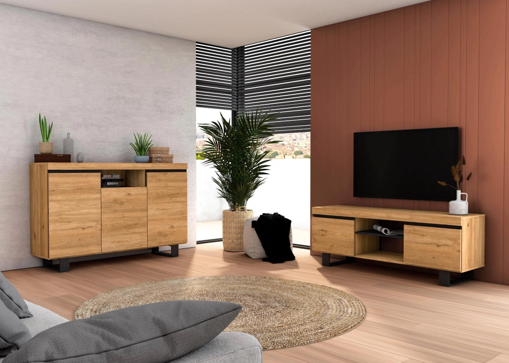 Set Naturale Sala da Pranzo, Mobile Ausiliario, Credenza-Mobile TV 140cm colore Rovere Nordic Nero RF989
