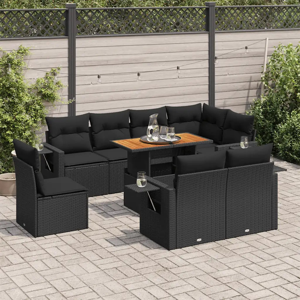 Set Divani da Giardino 9 pz con Cuscini Nero in Polyrattan 3327163