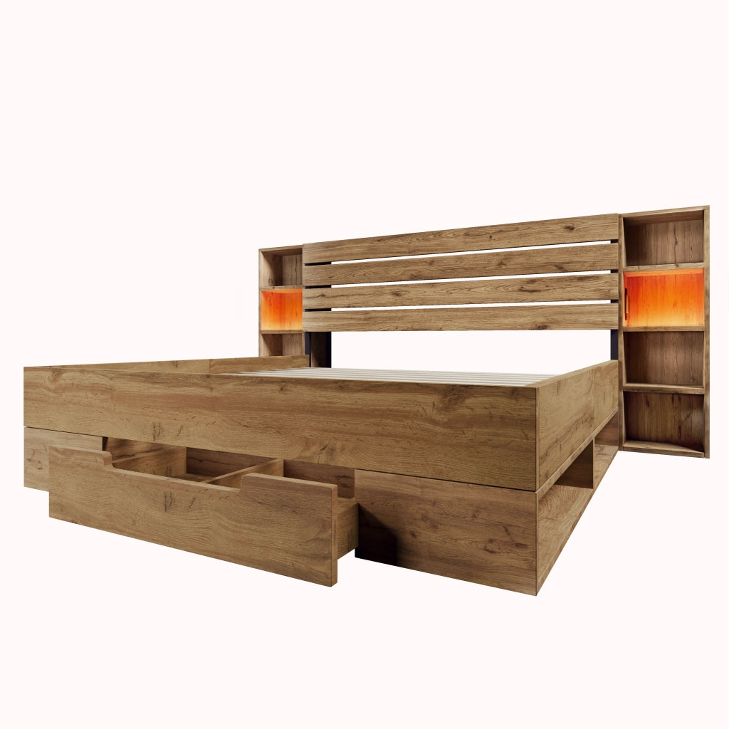 Letto matrimoniale 160x200 in legno e metallo con testiera con LED, porte USB Type-C, contenitore e materasso incluso