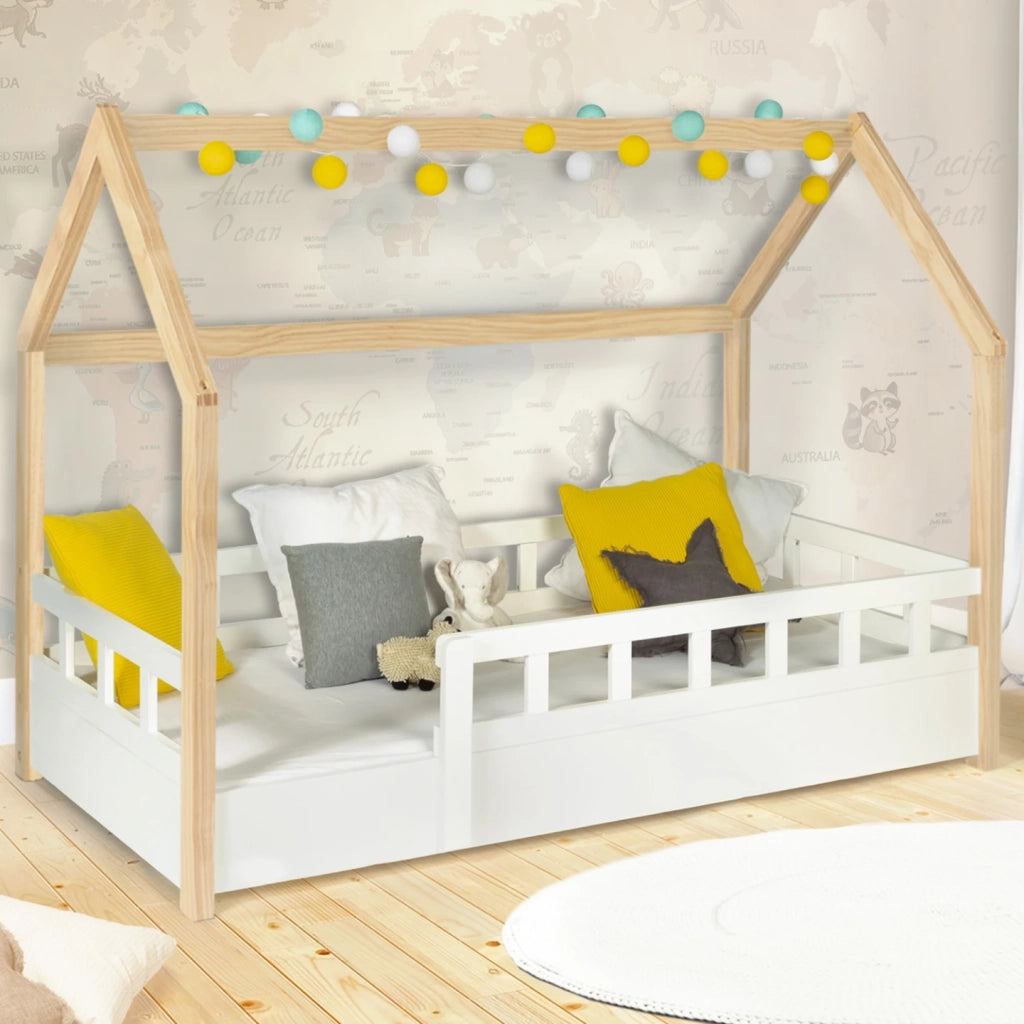 IDMarket - Cama camarote infantil 80 x 160 CM NEREE blanco y haya con somier y barandillas